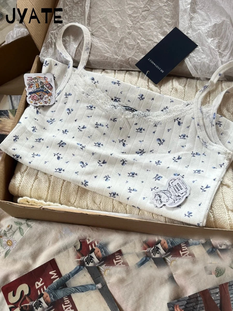 Blue Floral Bow Lace Trim Sexy Slim Tank Tops Women Summer Cotton Eyelet White Sleeveless Crop Top Sweet Cute Casual Camis Y2K