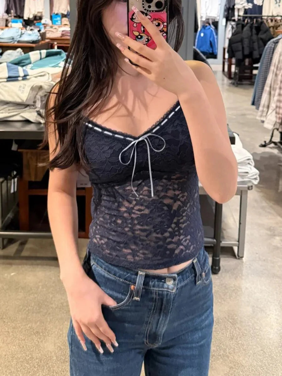 Lace Bow Transparent Tank Tops Women Summer New Streetwear Sleeveless V-neck Thin Slim Vest Sweet Vintage Sexy Camis Y2K