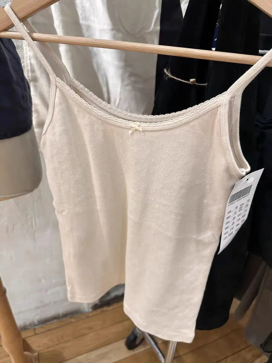 Pink Sweet Eyelet Cotton Camisole Women Summer New Casual Sleeveless Lace Trim Bow Cute Tank Top Cute All-match Basic Vest Y2K