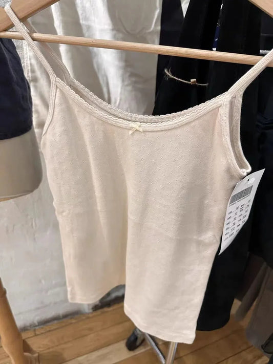 Pink Sweet Eyelet Cotton Camisole Women Summer New Casual Sleeveless Lace Trim Bow Cute Tank Top Cute All-match Basic Vest Y2K