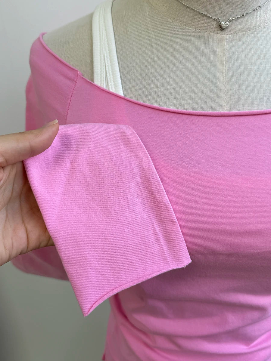 Rose Pink Raw Hem Long Sleeve Tees Women Autumn New Casual Cotton Slim Scoop Neck Crop Tops Femme Sweet Vintage Cute T-shirts
