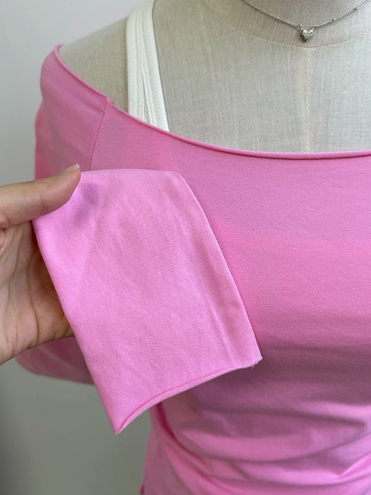Rose Pink Raw Hem Long Sleeve Tees Women Autumn New Casual Cotton Slim Scoop Neck Crop Tops Femme Sweet Vintage Cute T-shirts