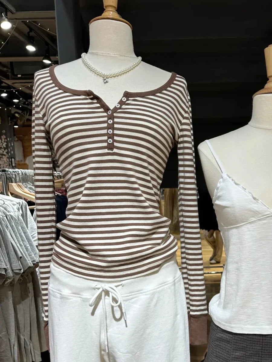 Zelly Tops Brown Striped Patchwork Long Sleeve Tees Women Casual Chic Cotton Buttons T-shirt Cute Preppy Style Slim Tshirt Y2K
