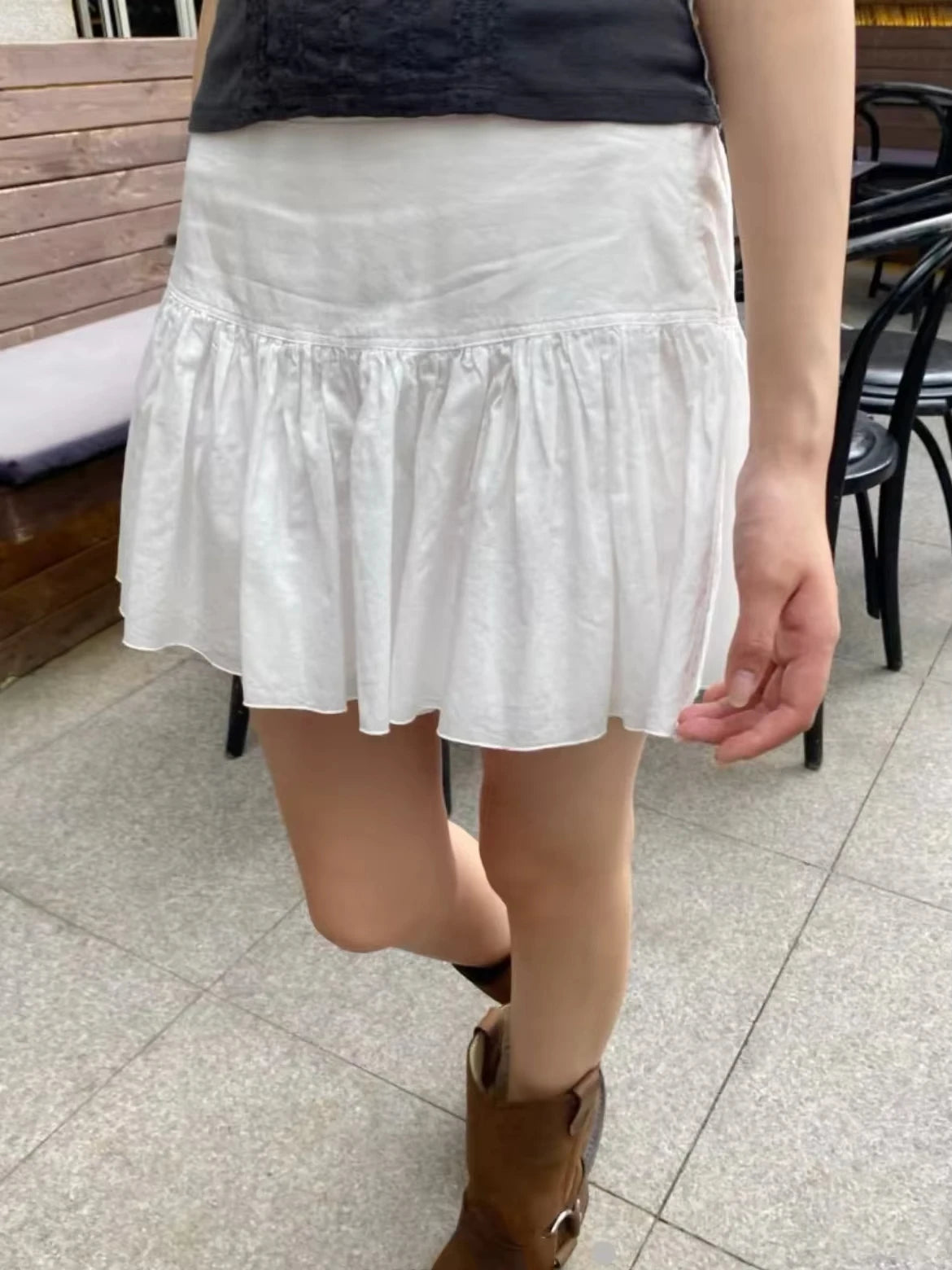 Lace-up A-line Shirks Women New Cotton High Waist Elastic Ruffles Hem Sweet Mini Skirts Vintage Cute Streetwear Chic Falda
