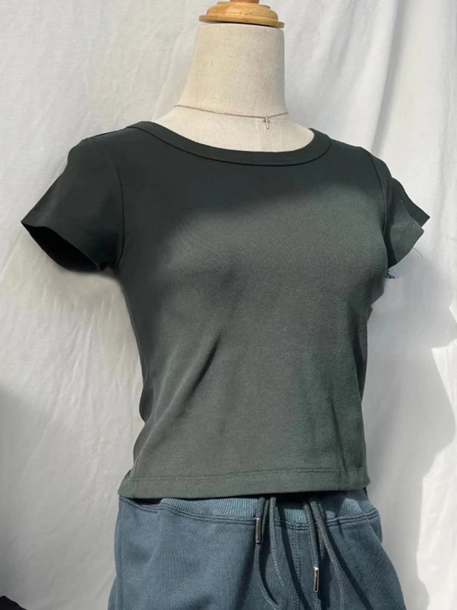 Solid Simple Basic Slim Crop Tops Women Summer Casual Cotton Soft O-neck Casual Short Sleeve Tees Harajuku Vintage T-shirts Y2K