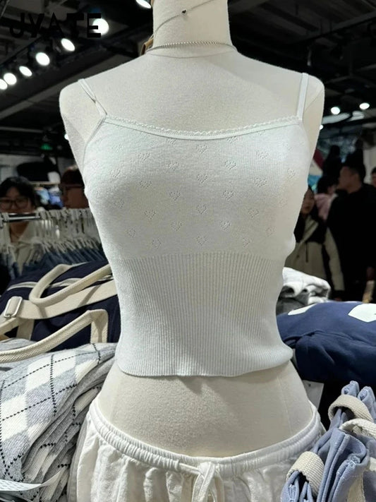 Heart Hollow Out Knitted Camisole Women Summer New Slim Casual Cotton Soft Sleeveless Vest Sweet Simple Basic Cute Tank Tops Y2K