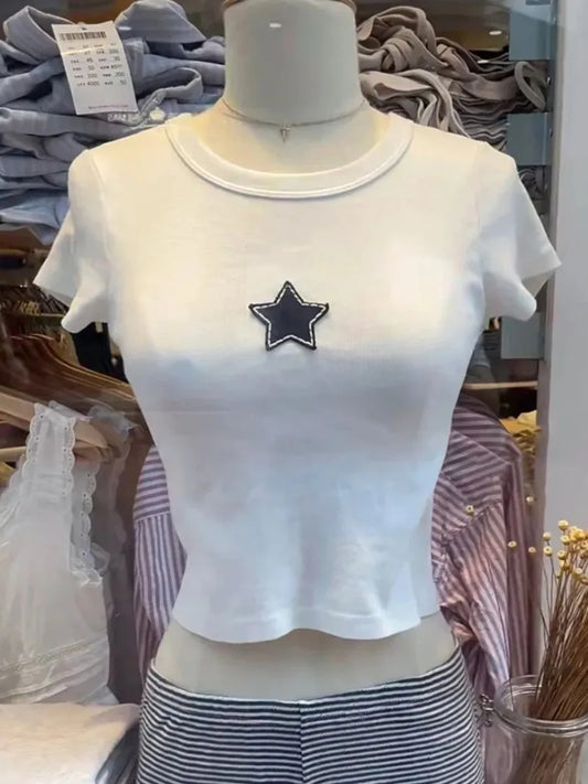 Sweet Star Appliques Slim Crop Top Woman Round Neck Short Sleeve Cotton Cropped T Shirt Summer Cute All-match T-shirts Y2K Tops