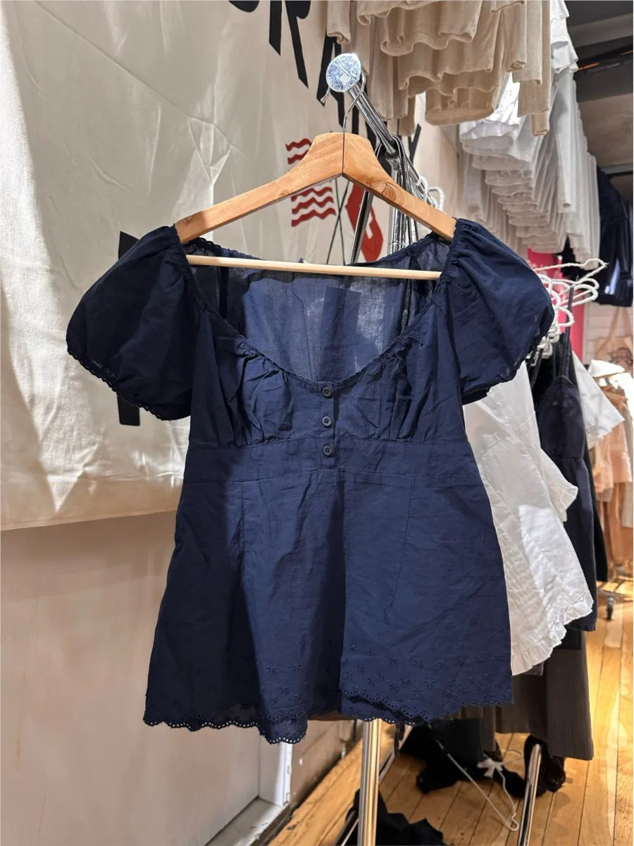 Vintage Navy Lace Trim T-shirts Women Summer New Casual Streetwear Buttons Short Sleeve Tees American Cute Tshirt Tops Y2K