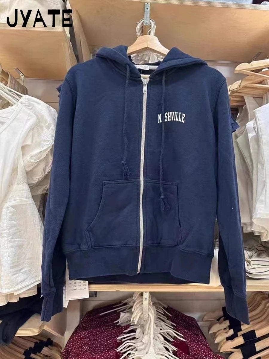 Harajuku Letter Print Zipper Hoodies Women Autumn Casual Pockets Drawstring Hoodie Tops Vintage Loose Chic Y2K Sweatshirts Coat