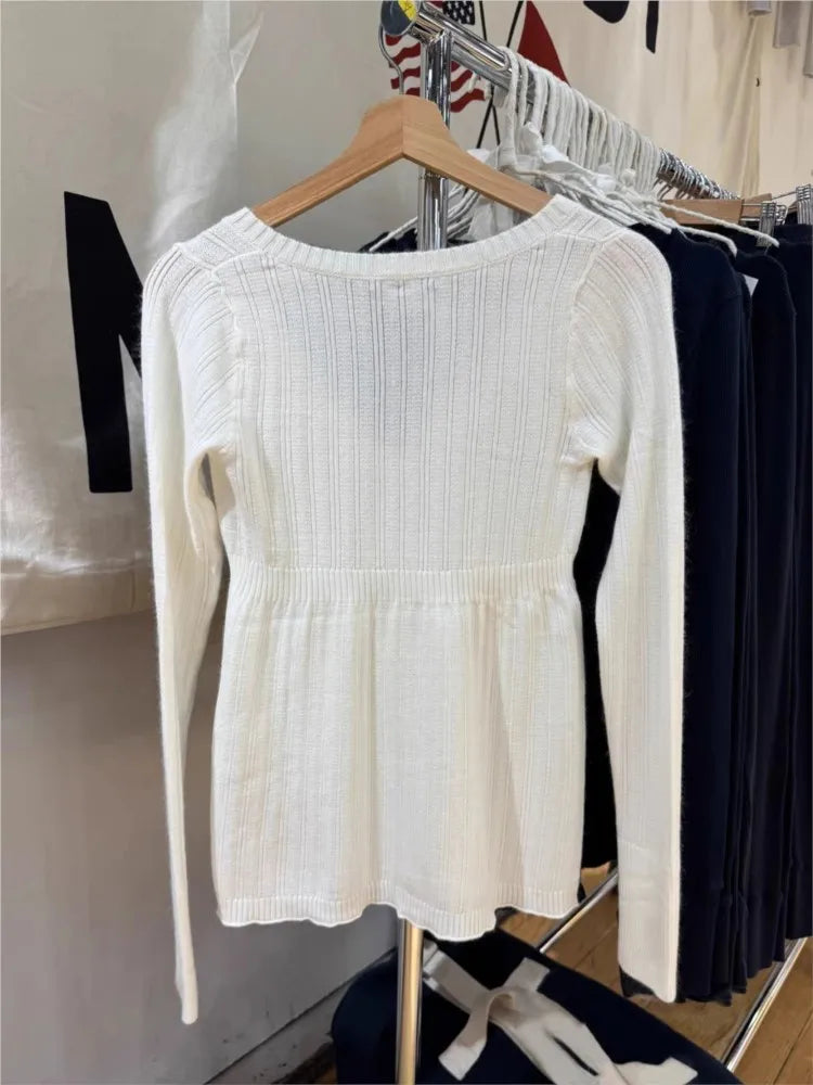 Cute White Knitted Long Sleeve Tees Women Autumn Fashion Cotton Soft Slim V-neck  T-shirt Sweet Preppy Style T Shirt Y2K Top New