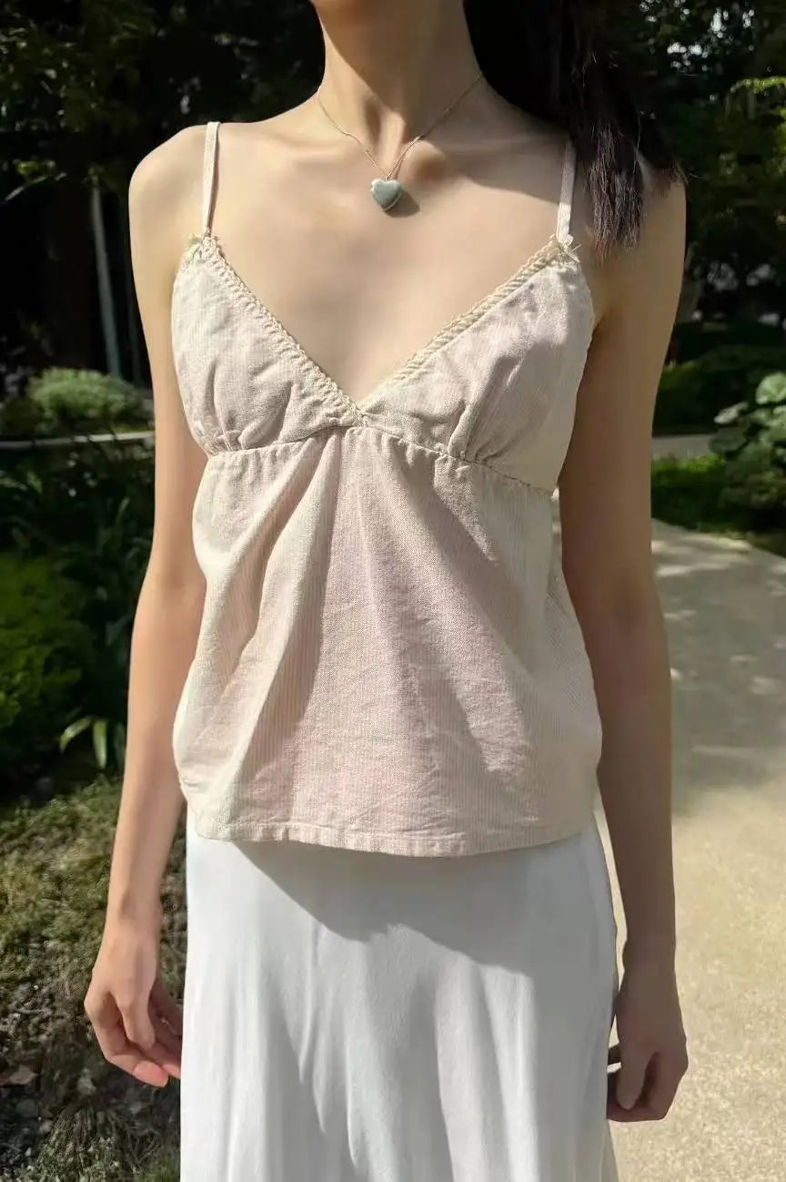 Blue Plaid Back Lace-up Slim Tank Tops Women New Simple Causal V-neck Sexy Sleeveless Vests Sweet Preppy Style Cropped Camisole
