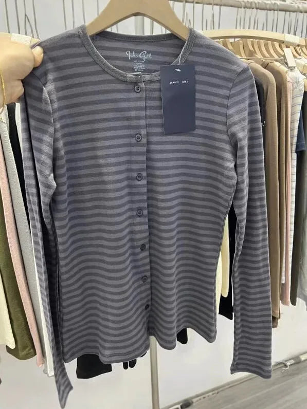 Blue White Striped Eyelet T-shirt Women O-neck Single Breasted Cotton Long Sleeve Tee Cute Sweet Preppy Style Slim Tops Tshirt
