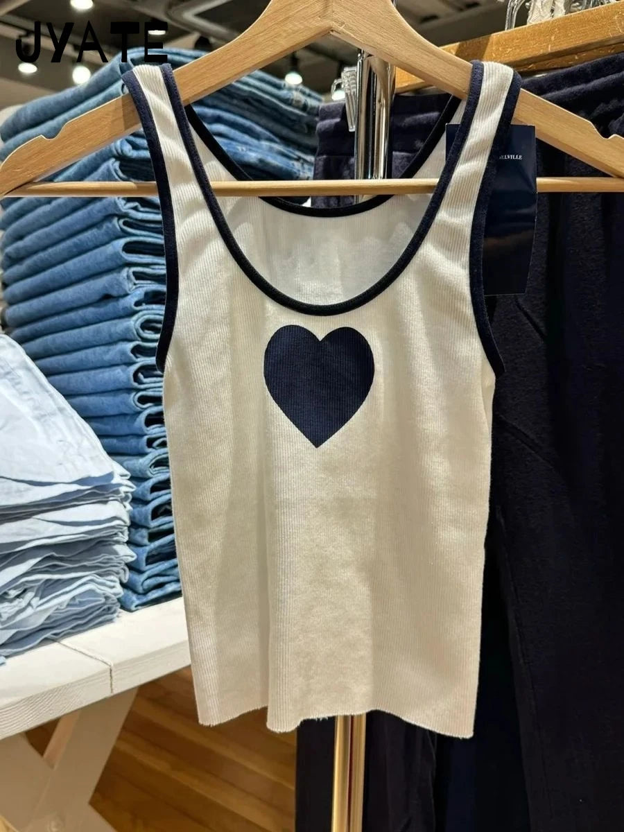 Heart White U Collar Cotton Tank Tops Women Summer New Ribbed Slim Sexy Raw Hem Sleeveless Vests Vintage Chic Harajuku Crop Top