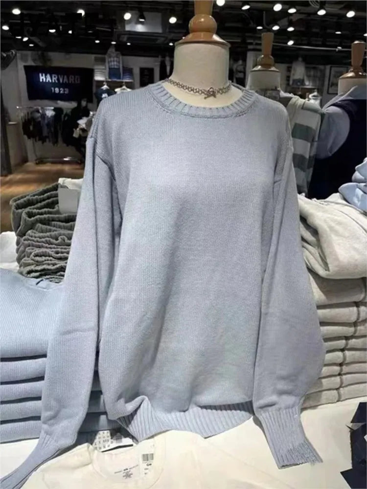 Sweet Solid O-neck Buttons Sweaters Women Autumn Cotton Knitted Simple Basic Pullover Top Female Vintage Casual Chic Jumper Y2K