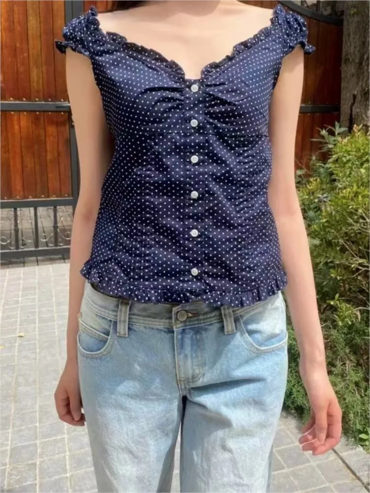 Polka Dot Navy Folds Blouse Tops Women Casual Single Breasted Ruffle Sleeveless Tank Tops Vest Vintage Preppy Style Vests Y2K