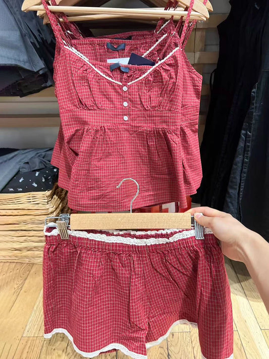 Red Plaid Lace Trim Tank Shorts Sets Women Back Lace-up Slim Camisole+Loose Sweatshorts Cute Sweet Cotton Home 2 Piece Outfits