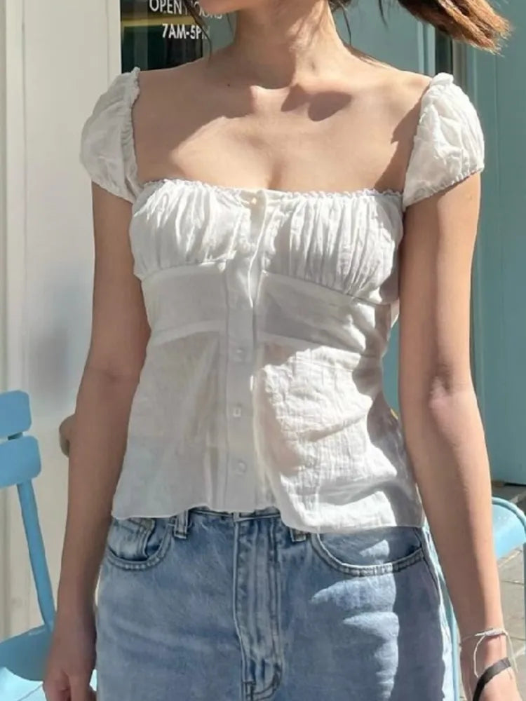 White Ruffle Sleeveless Blouse Top Women New Single Breasted Square Collar Tank Tops Vest Sweet Cute Preppy Style Camisole Y2K