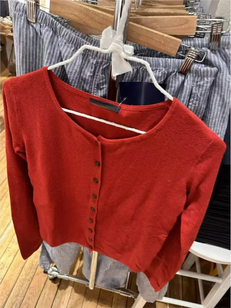 Simple Red Eyelet Cotton Knitted Cardigan Women Autumn New Casual Streetwear  Buttons Long Sleeve Coat Sweet Basic Sweaters Tops