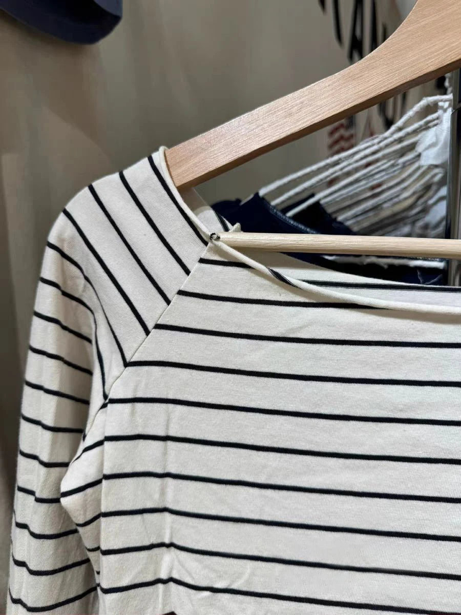 Vintage Black Striped Long Sleeve T-shirt Women Autumn All-match Raw Hem Slash Neck Slim Tees Casual Streetwear Tshirts Y2K Tops