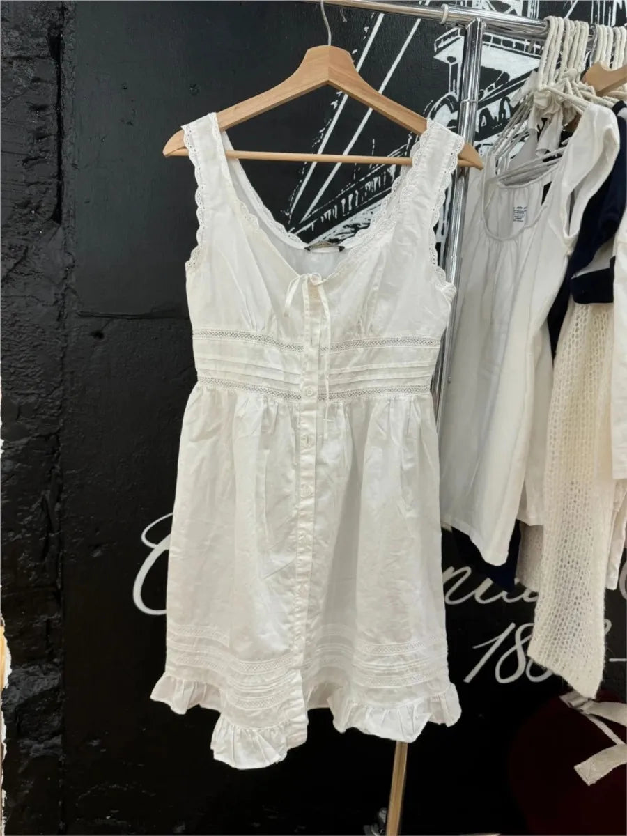 Chic Lace Trim White Mini Dress Women Summer Round Neck Lace-up Sleeveless A-line Short Vestidos Sweet Preppy Style Dresses Y2K