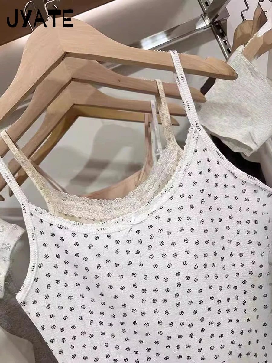 Vintage Floral Print White Bow Tank Tops Women New Cotton Streetwear Casual Simple Slim Vest Female Sweet Cute Chic Y2K Camisole