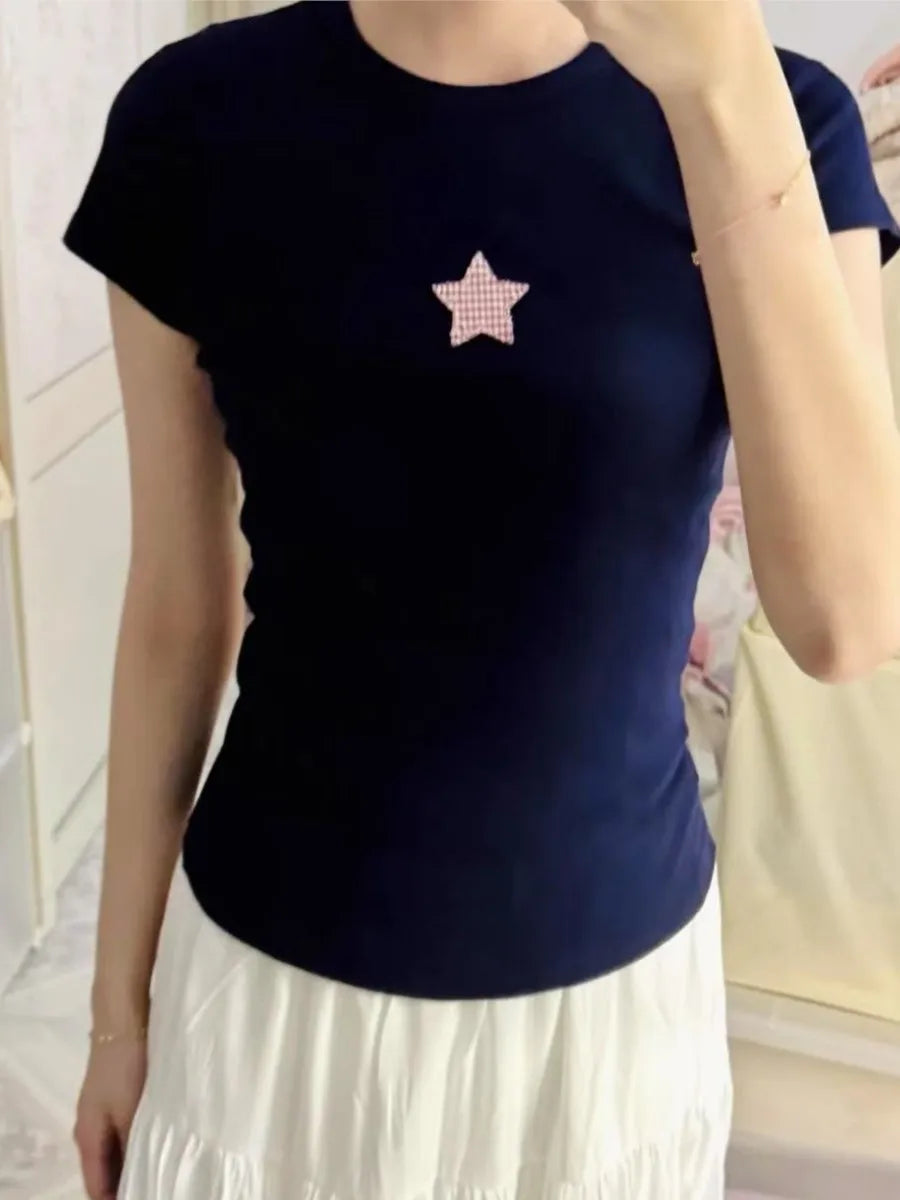 Star Appliques Navy T-shirt Women Summer Cotton O-neck Short Sleeve Tee Shirts Female Sweet Cute Preppy Style Tshirt Y2K Tops