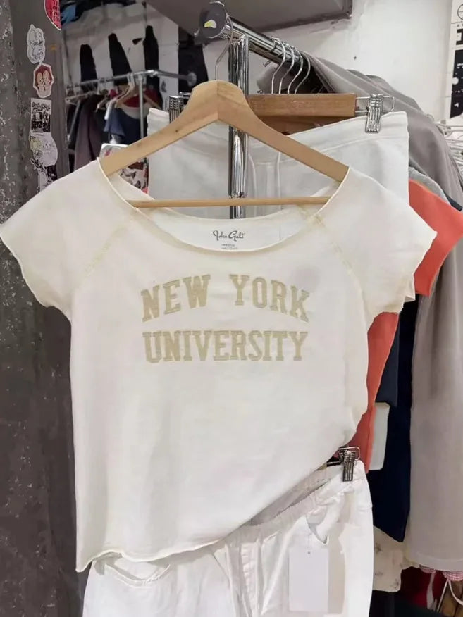 Letter Print Slash Neck T-shirts Women Simple All-match Cotton Raw Hem Short Sleeve Tees Female Vintage Sweet Y2K Crop Tops New