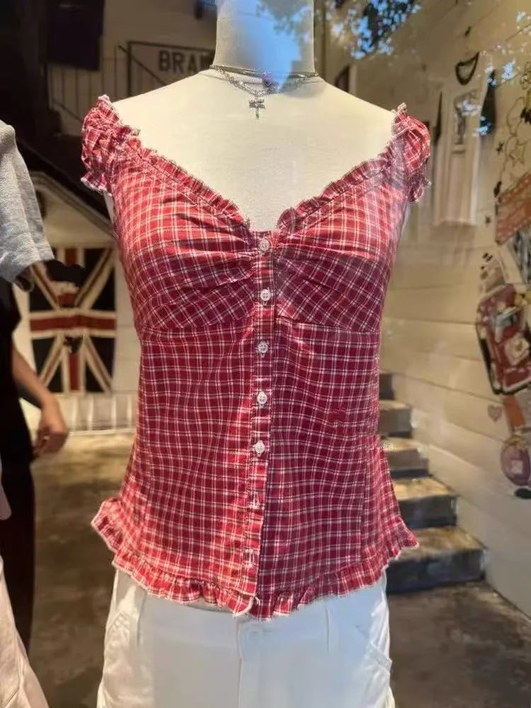 Red Plaid Slim T-shirt Blouse Women Summer Ruffles Single Breasted V-neck Short Puff Sleeve Shirt Female Vintage Sweet Tops New