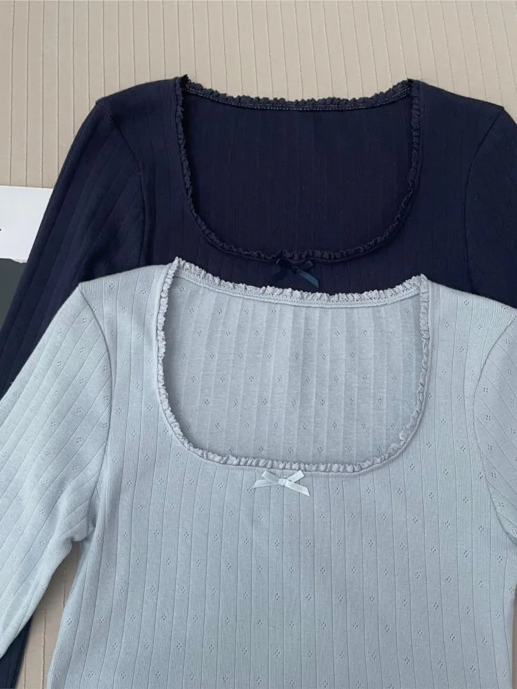 Solid Hollow Out Cotton Soft T-shirts Spring Bow Lace Trim Square Neck Long Sleeve Tee Slim Chic Sweet Vintage Cute Crop Tops