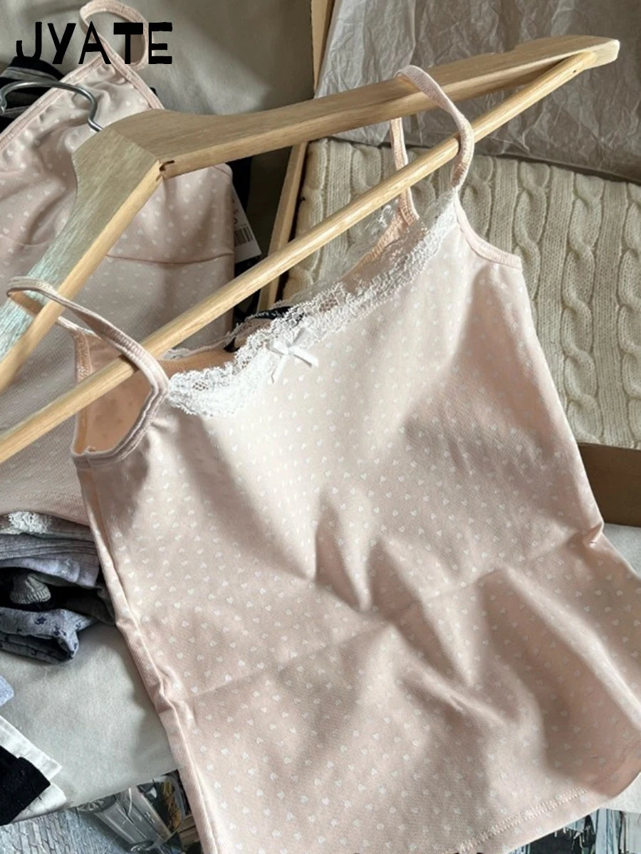 Heart Print Pink Slim Sexy Cropped Vests Women Summer Cotton Soft Preppy Style Sleeveless Tank Tops Sweet Cute Casual Camis Y2K