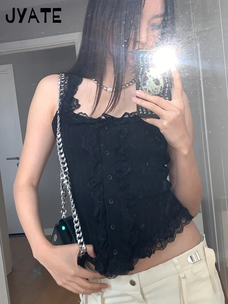 New Lace Trim Square Neck Tank Tops Women Summer Buttons Slim V Hem Cute Sleeveless Cropped Vests Sweet Solid Vintage Camis Y2K