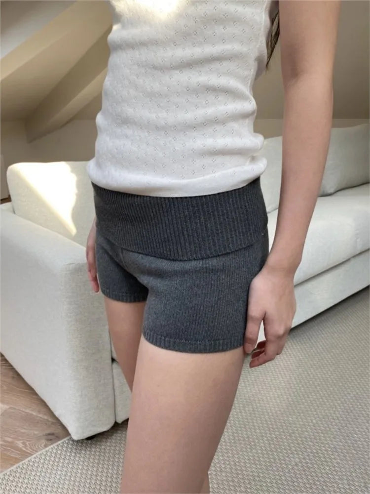 Cute Solid Flanging Knit Shorts Women Spring Elastic Waist Cotton Straight Short Pants Sweet Home Underwear Y2K Sweatshorts New