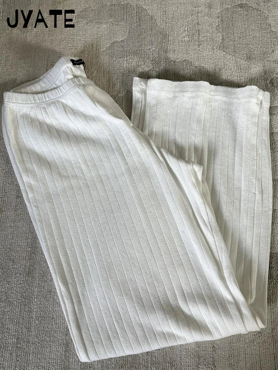 White Eyelet Straight Long Pants Women 2024 New Cotton Soft Casual Button High Waist Trousers Sweet Cute Vintage Pajama Pant Y2K