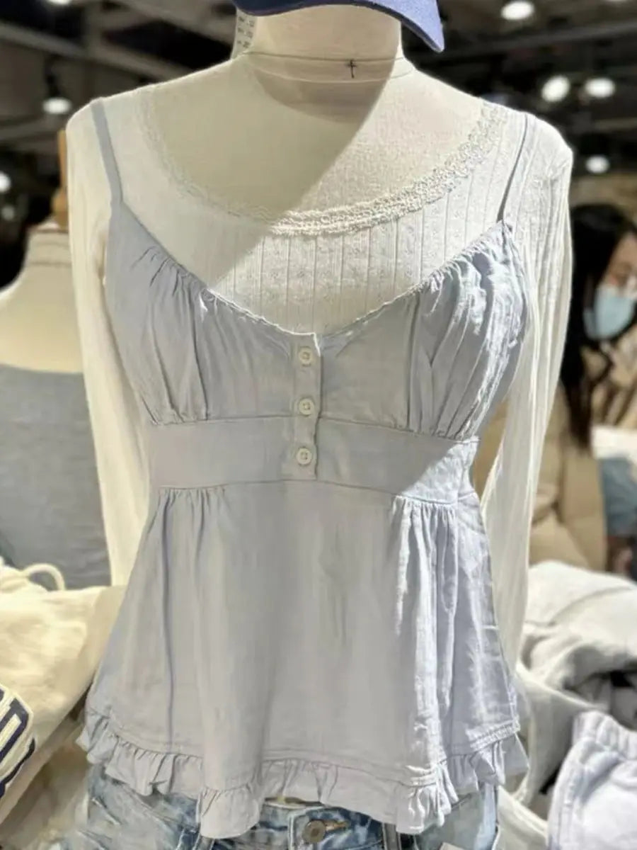 Gray Plaid Slim Buttons Tank Top Woman Summer New Lace Trim V-neck Back Lace-up Cotton Camis Vintage Sweet Chic Crop Tops Y2K