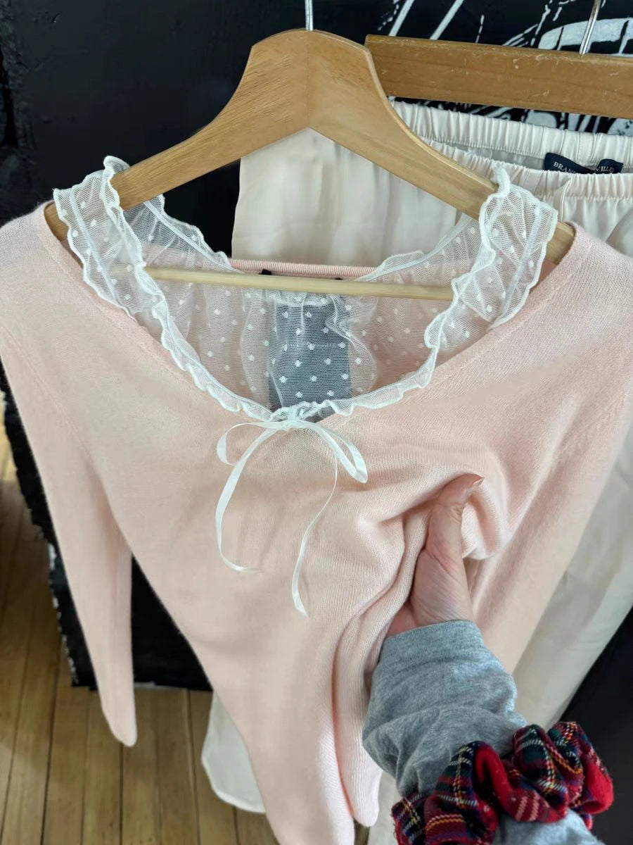 Pink Sweet Knitted Long Sleeve T-Shirt Women Autumn V-Neck Preppy Style Cotton Slim Tee Shirt Casual Cute Knitwear Tshirts Y2K