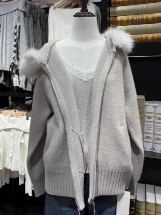 New Solid Plush Knitted Hooded Women Autumn Casual Pockets Cotton Warm Sweaters Tops Vintage Preppy Style Chic Sweater Cardigan