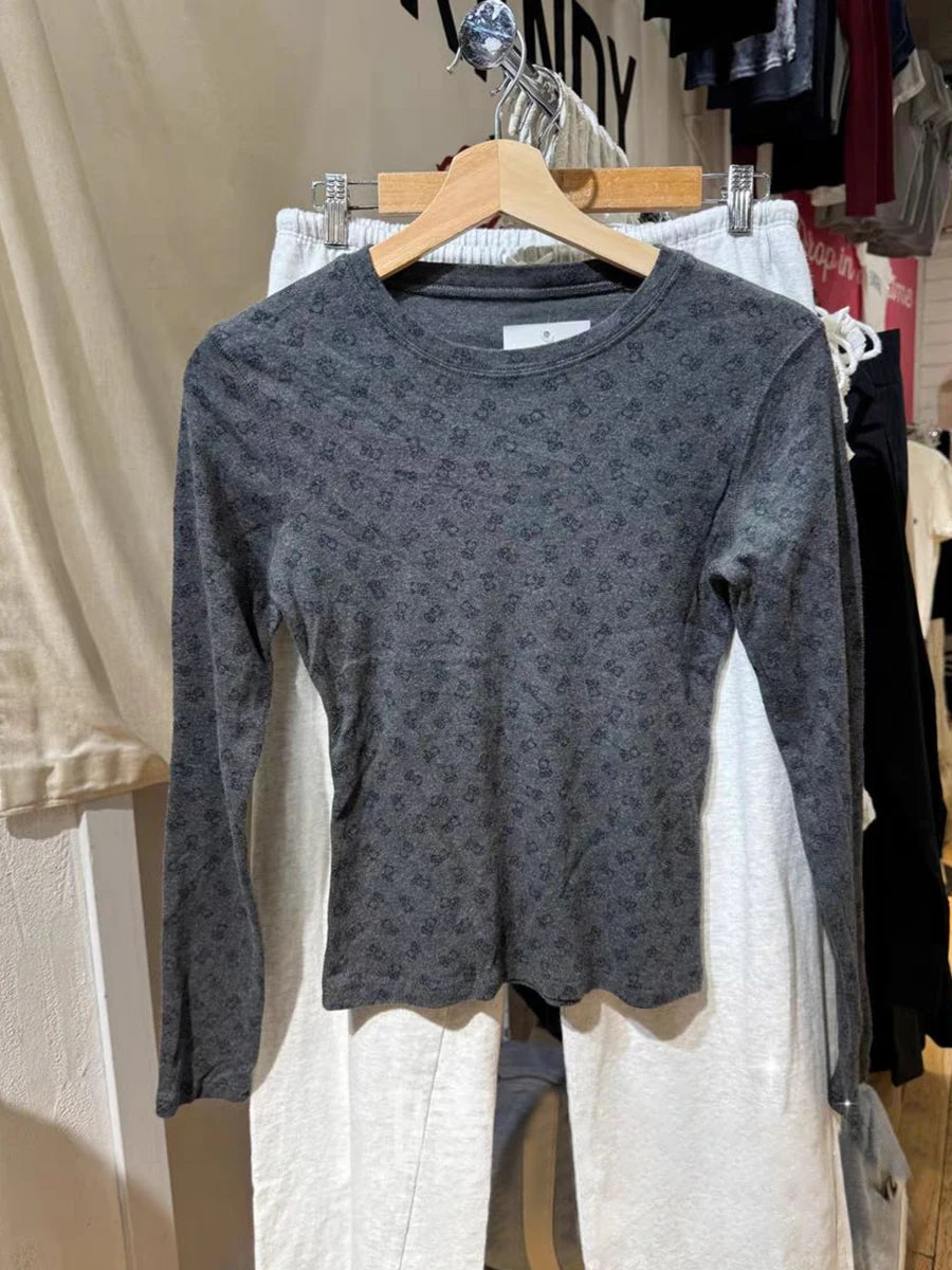 Vintage Little Bears Long Sleeve T-shirt Women Autumn O-Neck Cotton Slim Dark Gray Tee Shirt Female Streetwear Sweet Y2K TShirts