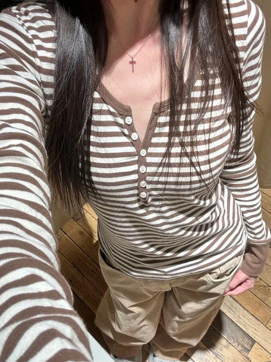 Zelly Tops Brown Striped Patchwork Long Sleeve Tees Women Casual Chic Cotton Buttons T-shirt Cute Preppy Style Slim Tshirt Y2K