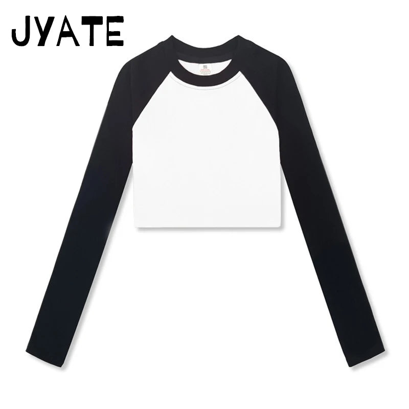 Fashion Ribbed Patchwork Long Sleeve Tees Women New Casual Streetwear Basic Pullover Crop Tops Vintage Preppy Style T-shirts Y2K