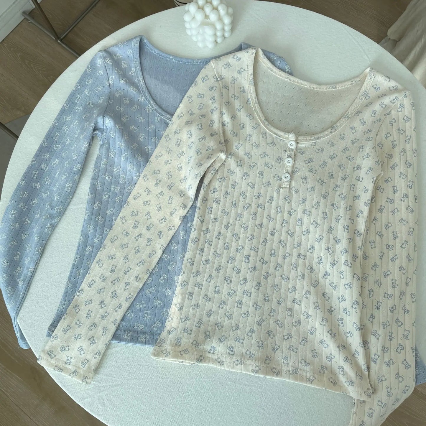 Cute Bear Print Buttons Long Sleeve Tees Women Autumn New Casual Slim Preppy Style Top Shirts Sweet Vintage Pajama T-shirts Y2K