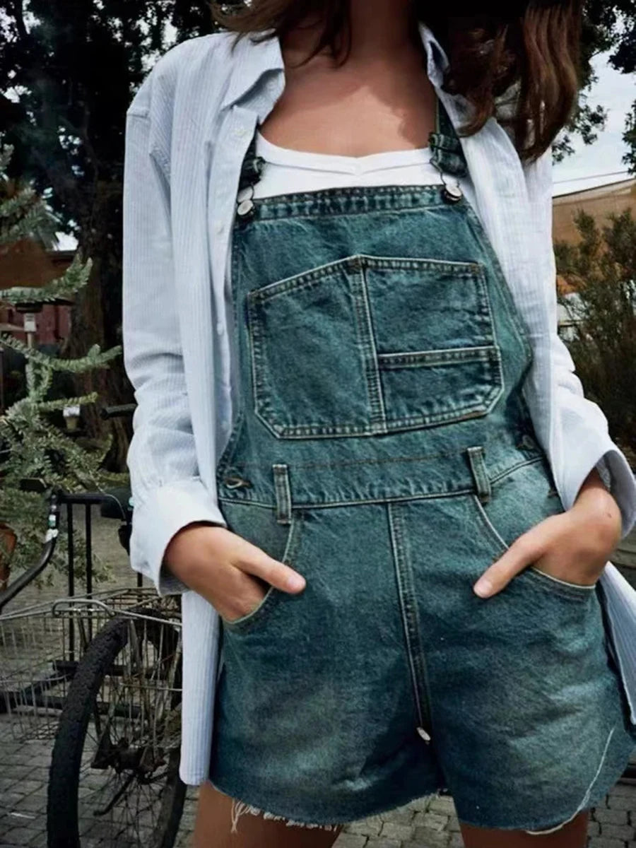 Vintage Pockets High Waist Straight Short Pants Ladies Casual Streetwear Buttons Raw Trim Shorts Vintage Chic Y2K Denim Overalls