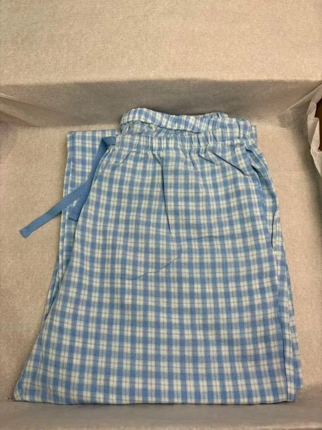 Sweet Blue Plaid Straight Pants Women Summer Chic Drawstring Low Waist Trousers Female Preppy Style Cozy Cotton Long Pant Y2K