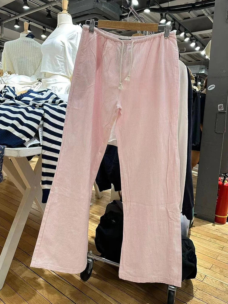 New Pink Striped Drawstring Long Pants Women Cotton Casual High Waist Simple Wide Leg Pant Vintage Loose Streetwear Chic Trouser