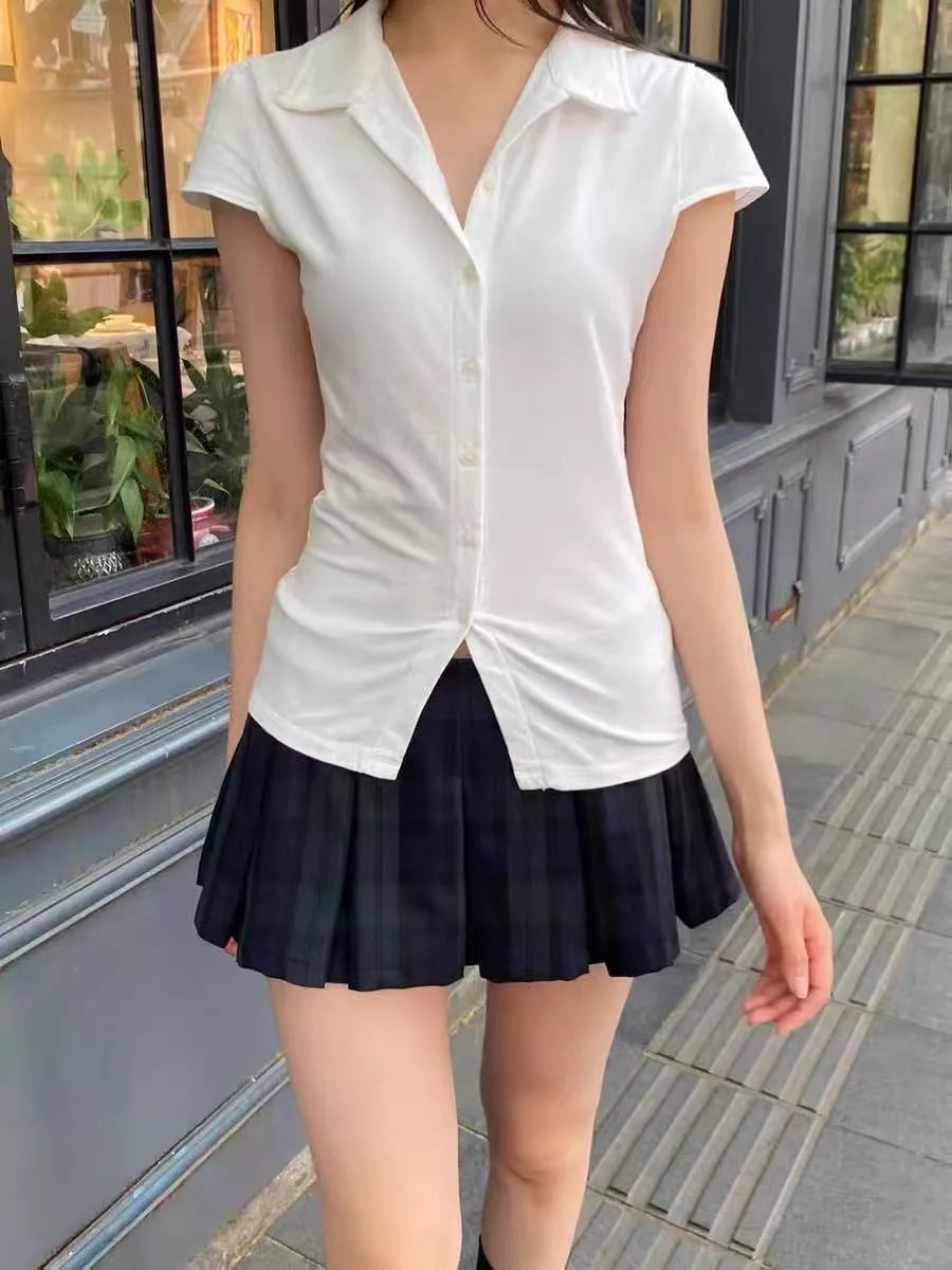 White Buttons Short Sleeve Tees Women Summer Cotton Soft Turn Down Collar Preppy Style Tops Blouse Sweet Chic All-match T-shirts