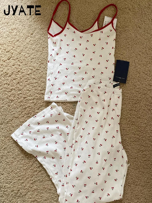 Cherry Print Patchwork Eyelet Camisole Women New Cotton Soft Casual Slim Sleeveless Cropped Vests Vintage Sweet Cute Tank Tops