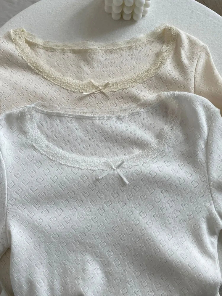 Sweet Bow Lace Trim Long Sleeve Women T-shirts Round Neck Heart Hollow Casual Simple Spring Summer Tops  Basic Chic Skinny Tees