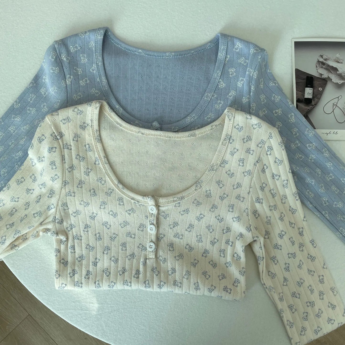 Cute Bear Print Buttons Long Sleeve Tees Women Autumn New Casual Slim Preppy Style Top Shirts Sweet Vintage Pajama T-shirts Y2K