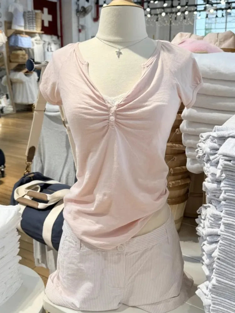White V-neck Buttons T-shirts Women Simple All-match Casual Cotton Slim Short Sleeve Tee Sweet Cute Preppy Style Tshirt Y2K Tops
