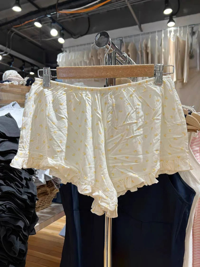 Little Duck Print Tank Shorts Pajama Sets Woman Back Lace-up Bow V-neck Camis+Ruffles SweatshortsCute  Sweet Home 2 Piece Outfit