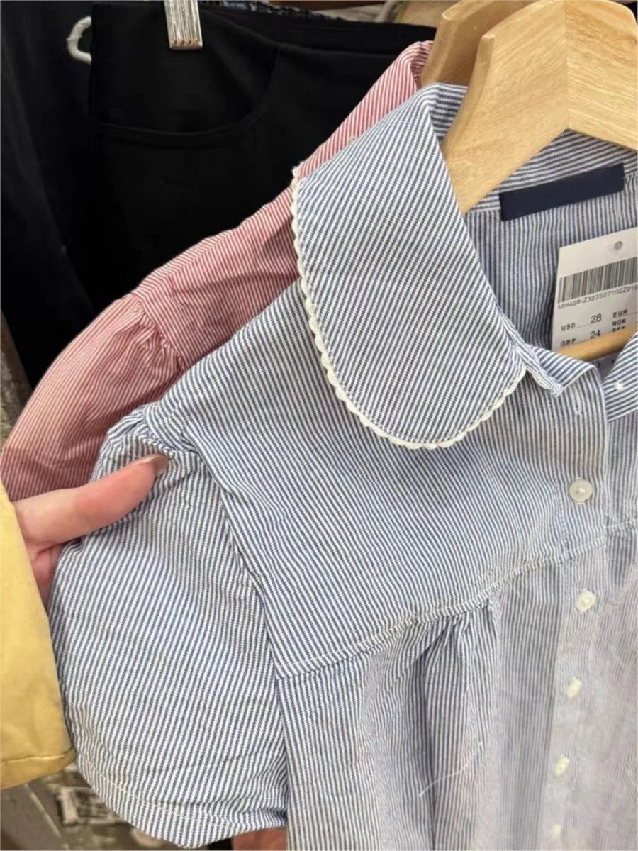 Blue Striped Peter pan Collar Blouse Women Casual Preppy Style Buttons Short Sleeve Tee Sweet Vintage Cute T-shirts Y2K Tops New